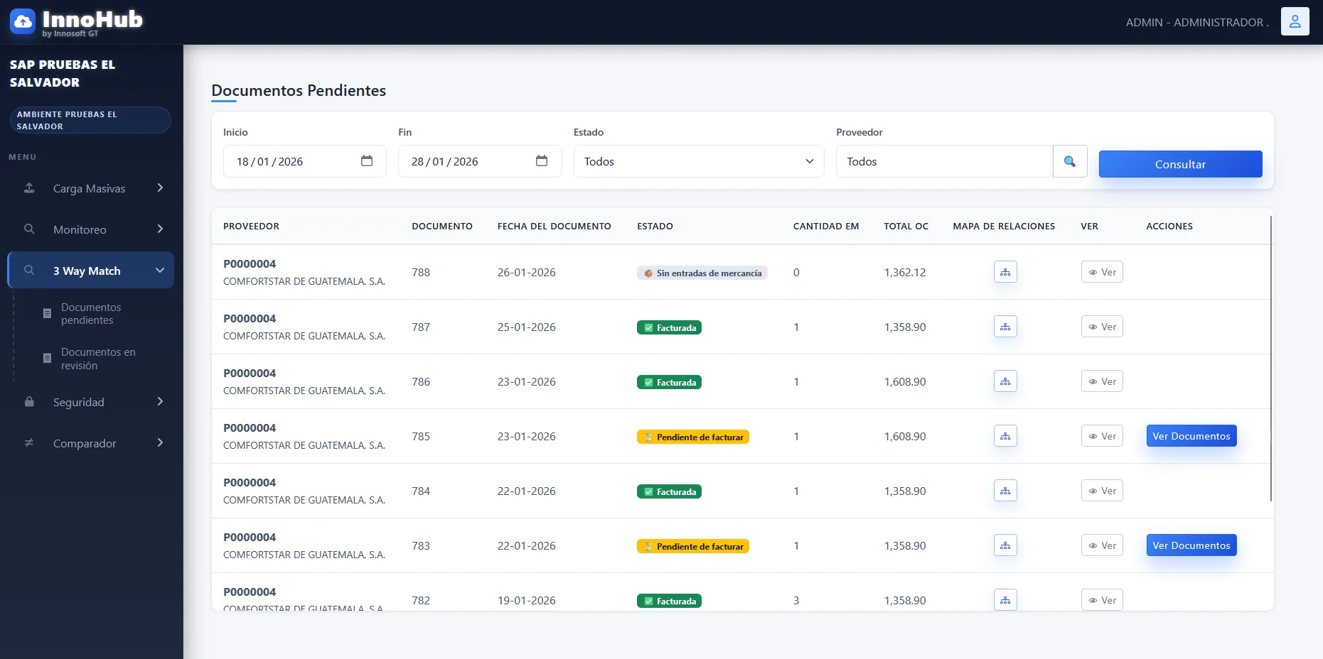 Pantalla de 3-Way Match en InnoHub
