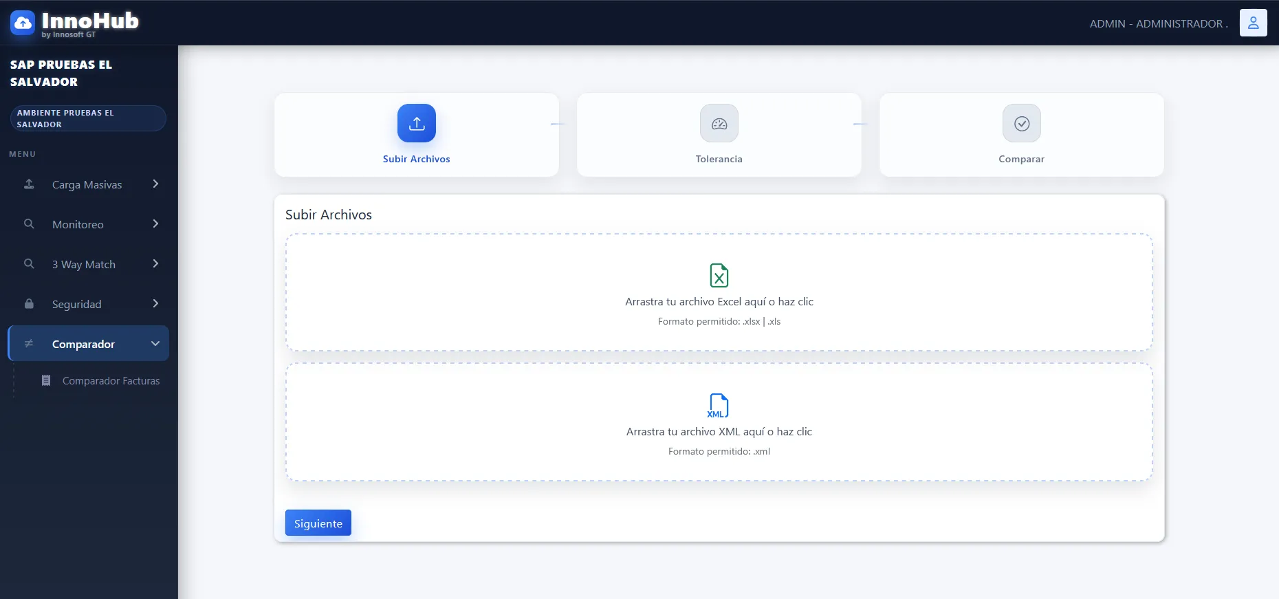 Pantalla de Comparador en InnoHub