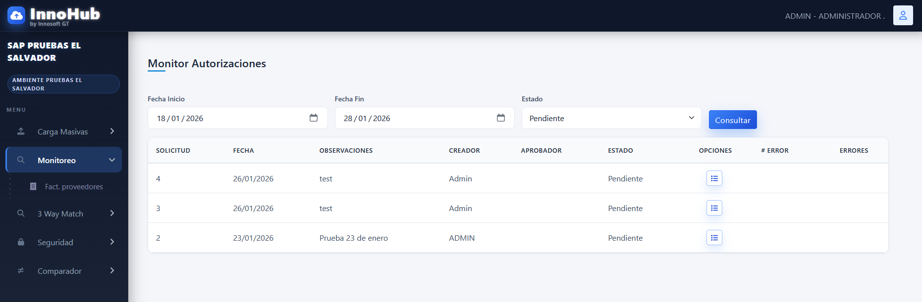 Monitor de Autorizaciones InnoHub